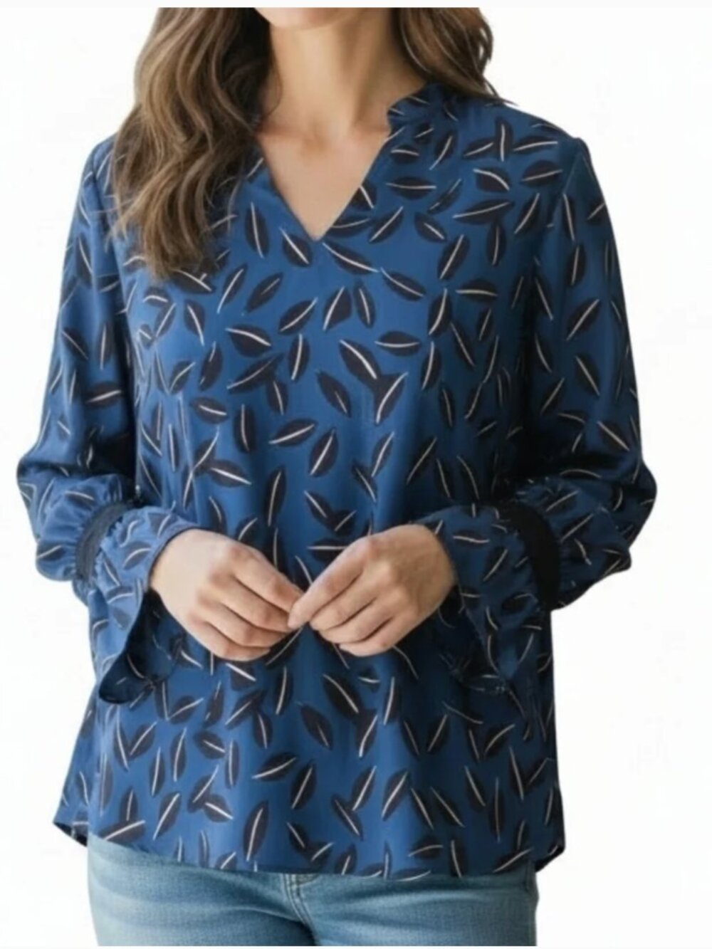 CAbi Shadow Leaf Blouse in Teal